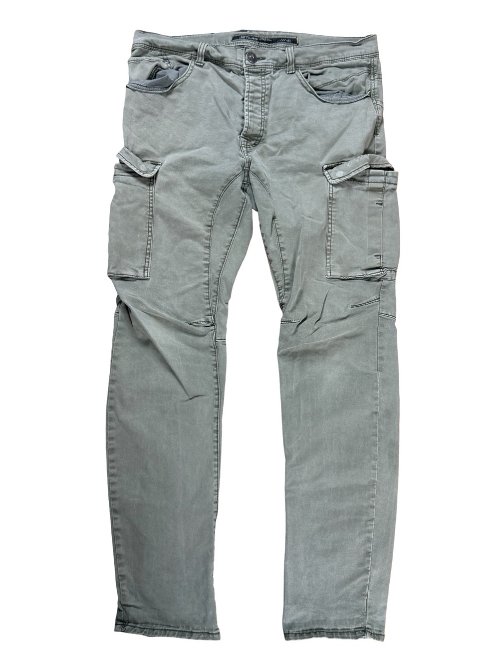 Mens Y2K Jet Lag Skinny Cargo Military Green Streetwear Jeans Size 34x30